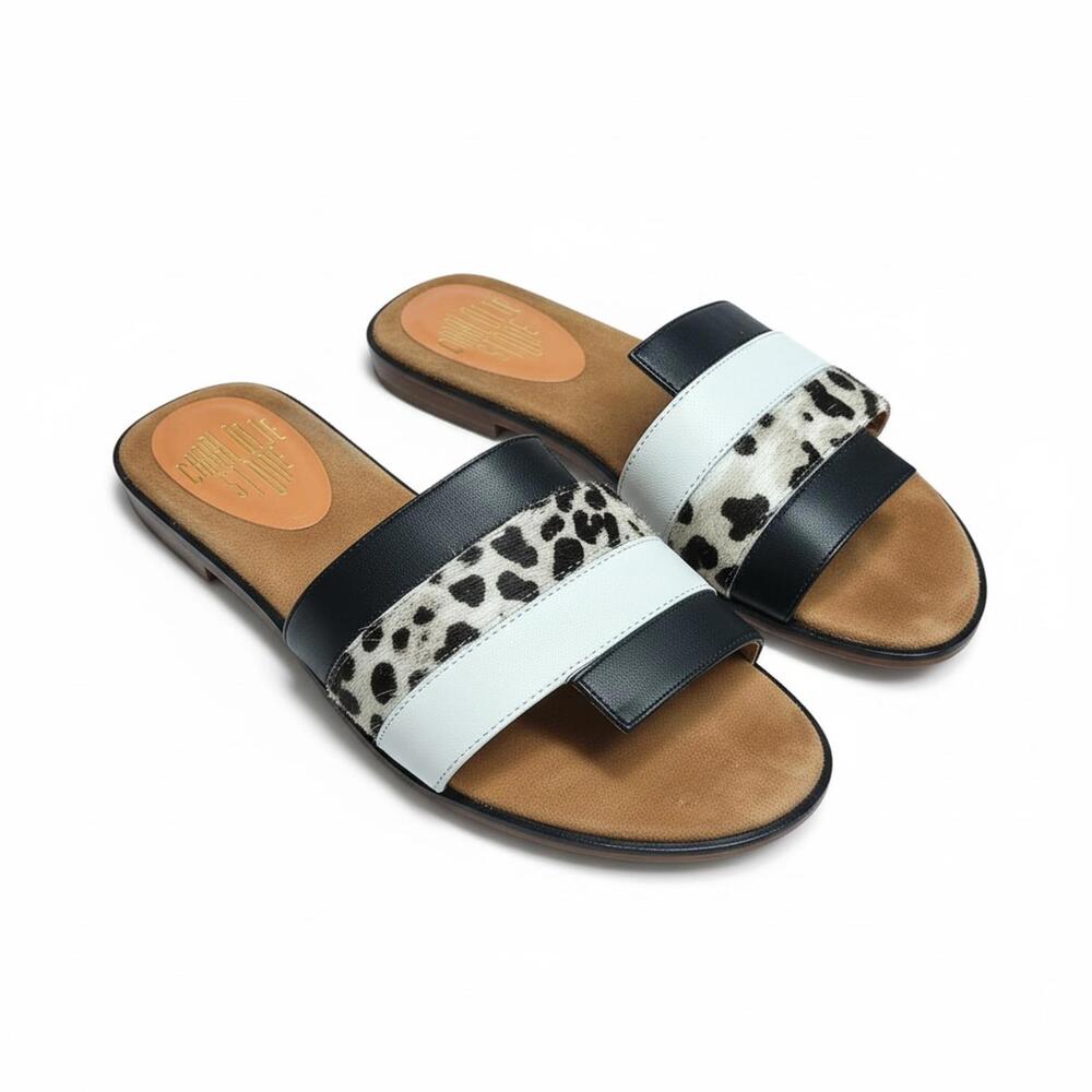 Charlotte Stone Black White Slide Sandals Haircalf Strap Women’s Size 9